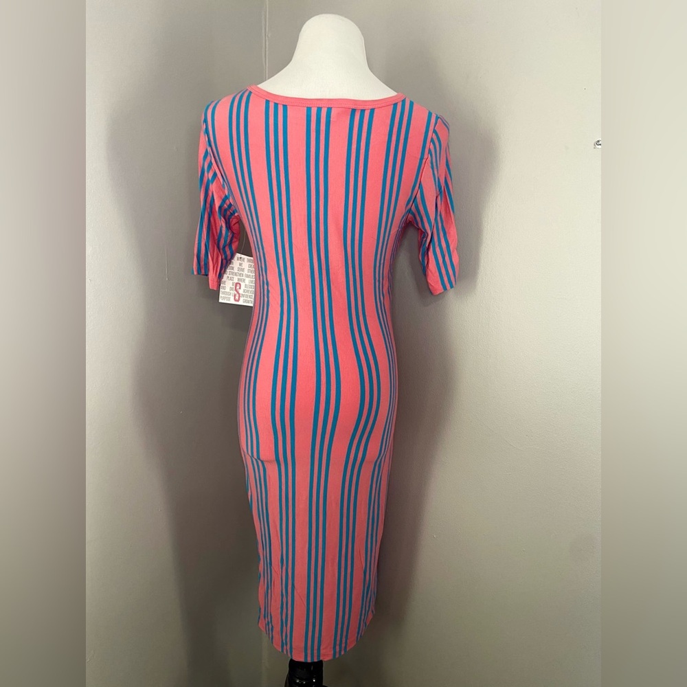 LuLaRoe Julia Dress Pink with Blue Vertical Stripes Midi Form Fittint - Picture 5 of 7